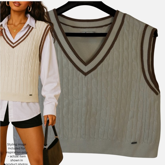 Hollister Cropped Cable Knit Sweater Vest M Cricket Tennis Preppy Light Academia - Picture 1 of 4